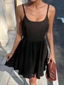 Livesso Black Spaghetti Strap Beach Vacation Mini Dress For Women Summer - Black - View 6