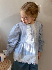 DAZY Young Girl Ditsy Floral Lace Trim Loose Blouse Spring - Blue - View 4