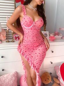 PetitDoll Valentine's Day Heart Print Mesh Steel Hoop Side Slit Ruffle Hem Sexy Nightgown + G-String 2pcs Set For Women - Pink - View 7