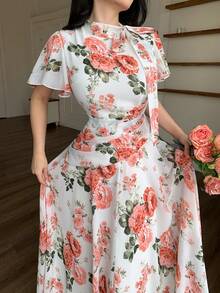 Modelyn Women's Ruffle Collar Tie Waist Flare Hem Dress With Puff Sleeves - Pink - View 8