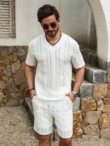 VENTUSAIL Men's Beach Vacation Casual V-Neck T-Shirt & Shorts Set - Apricot - View 5