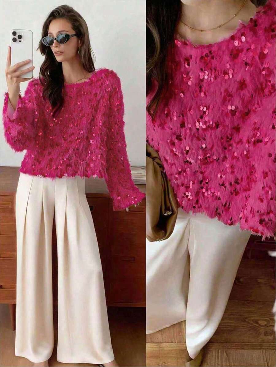 Elyressa 1pc Fashionable Fluffy Sequin European Design Loose Relaxed Fit Crew Neck Pullover Sweater, Cropped Soft & Cozy Elegant Women Winter Outfit - Hot Pink - View 1