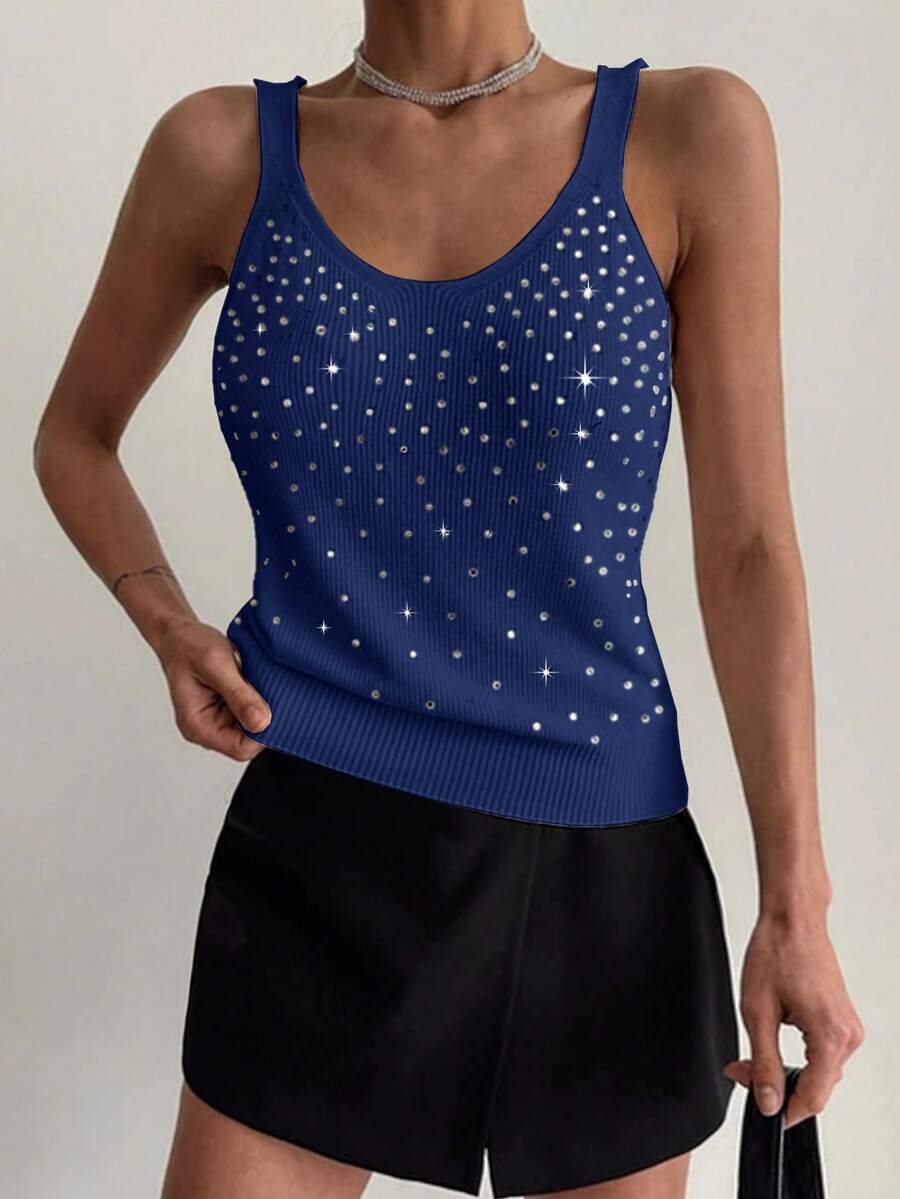 EMERY ROSE Women's White Rhinestone Embellished Camisole Knit Top - Navy Blue - View 1
