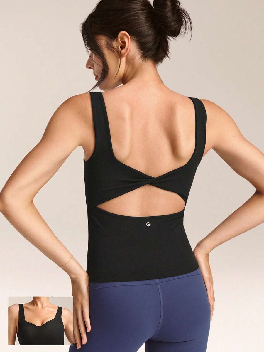 GLOWMODE FeatherFit™ Soft Win Buttery-Soft Sweetheart Neck Twisted Open Back Removable Cups Long Tank Top Low Impact Yoga Studio Daily Wear - Black - View 1