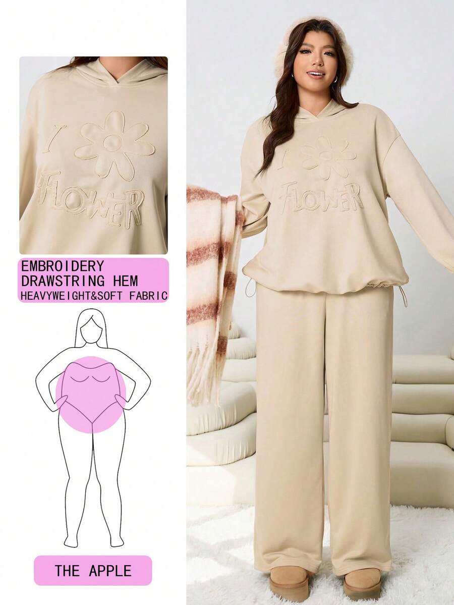 SHEIN EZwear 2026春夏新款休闲连帽衫和运动裤两件套,舒适柔软,刺绣贴花设计,适合外出、日常穿着、派对、约会、音乐节、返校、新年等场合,杏色和奶油色可选,大码尺码。 - 杏色 - 查看 1