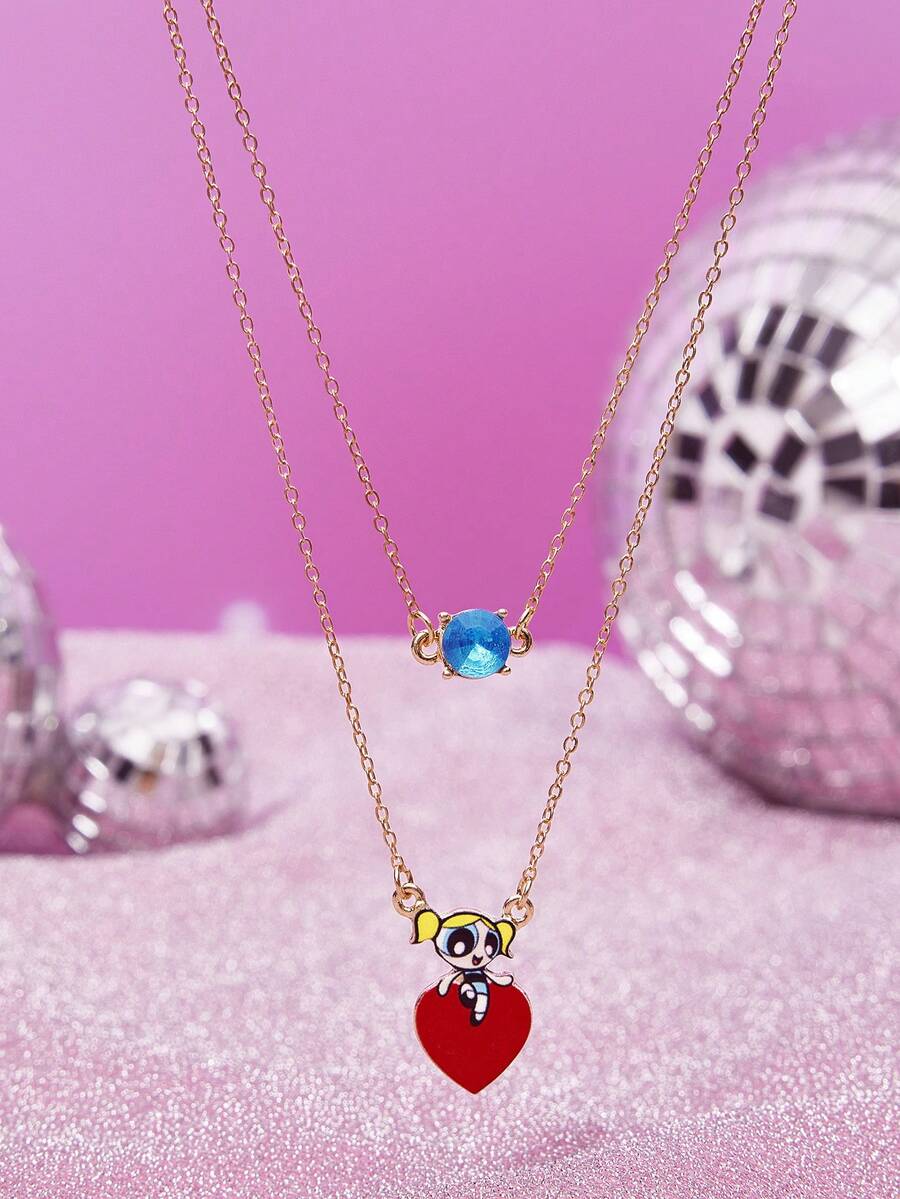 THE POWERPUFF GIRLS X SHEIN 1件装潮流卡通人物女孩锌合金印花项链，镶嵌水钻，奢华小众，精致优雅，休闲时尚，适合派对、音乐会、节日等场合。 - 金色 - 查看 1