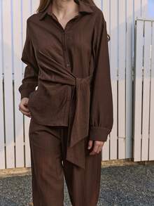 Dazy-Less Coffee Brown Autumn Casual Occasion Women's Elegant Twist Knot Cross Front Blouse & Straight Leg Pants Set,2 Pieces Old Money Luxury Business Outfit - Brown - View 7