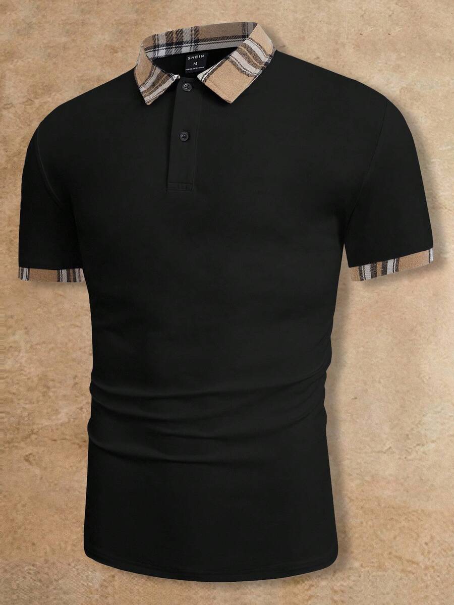 Manfinity BRENVOR Men Contrast Plaid Collar Polo Shirt - Black - View 1