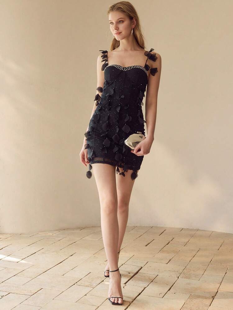 WOMEN'S HANDMADE 3D FLORAL CAMISOLE BODYCON MINI DRESS