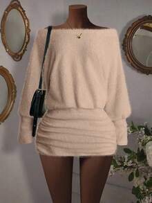 SHEIN PETITE Đầm ôm sát tay dài trễ vai xếp ly màu mơ giả dệt kim cho nữ (25+ mẫu), gợi cảm và thanh lịch, thích hợp cho tiệc tùng, trang phục Giáng sinh và Năm mới. - Màu Hồng baby - Xem 1