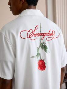 SWAVVY Chemise à manches courtes pour hommes avec imprimé floral et lettres, chemise rose blanche avec design rouge, chemise blanche avec rose blanche, chemise blanche avec rose rouge, t-shirt graphique rose pour les amoureux, Chemise blanche pour la Saint-Valentin - Blanc - Voir 1