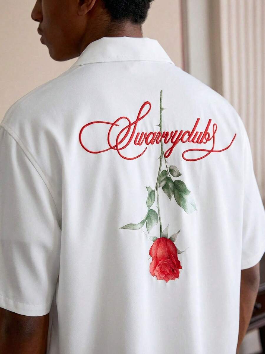 SWAVVY Chemise à manches courtes pour hommes avec imprimé floral et lettres, chemise rose blanche avec design rouge, chemise blanche avec rose blanche, chemise blanche avec rose rouge, t-shirt graphique rose pour les amoureux, Chemise blanche pour la Saint-Valentin - Blanc - Voir 1