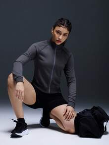 Powerista 女士简约纯色拉链立领插肩袖训练运动夹克 - 深灰色 - 查看 7