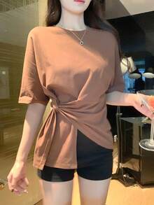 DAZY Áo thun nữ tay ngắn cổ tròn màu trơn, kiểu dáng thường ngày, thích hợp cho mùa xuân hè. - Cà phê nâu - Xem 4