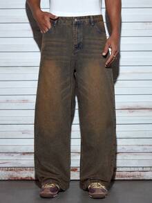 Modcrash Embroidered Loose Wide-Leg Jeans Spring To Summer Casual Wide Leg Baggy Fit Denim Jeans For Men With Relaxed Streetwear Style,Summer Holiday Outfits - Rust Brown - View 4