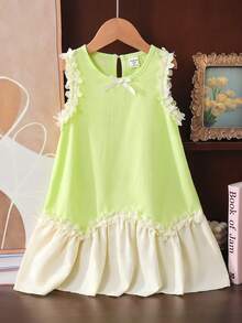 Young Girl Fresh Light Green Bow Ruffle Hem Cute Casual Dress, Suitable For Daily, Commute, Vacation, Outfit - Multicolor - View 4