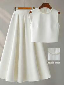 Franclia Women's White Round Neck Pearl Collar Loose Cropped Top + High Waist A-Line Skirt 2 Pieces Set, Suitable For Dates, Casual, Daily, Party, Commute, Afternoon Tea, Sleeveless - White - View 1