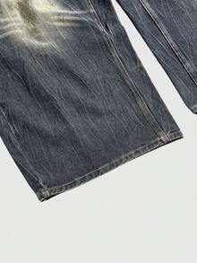 ROMWE Avant 大码新款中国风虎头艺伎图案刺绣复古女式牛仔裤 - 藍色 - 查看 4