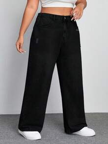 SHEIN ICON 大码女式休闲纯色直筒牛仔裤 - 黑色 - 查看 5
