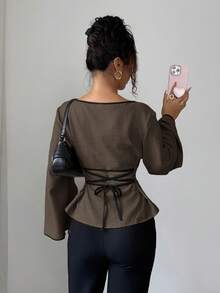 Siren Gaze Elegant Women's Shirt With Tie-Back And Contrast Trim, Long Sleeve Spring Brown Brown Long Sleeve Top Chocolate Brown Top Classy Top Casual - Mocha Brown - View 2