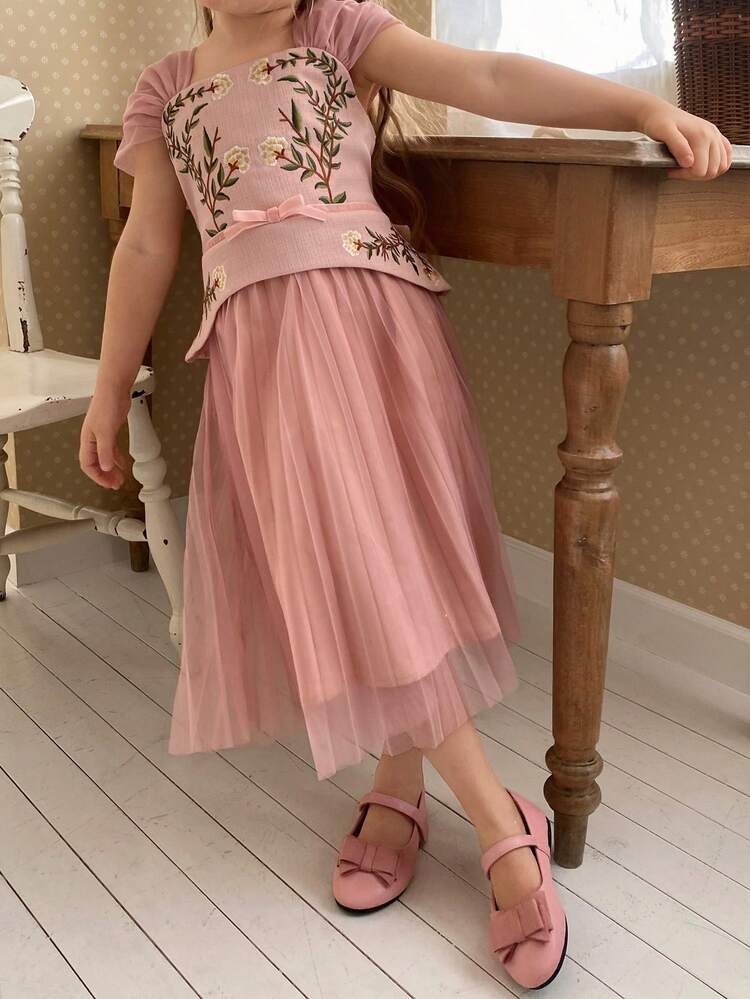 Young Girls Mesh Patchwork Formal Party Birthday Dress, Korean Style