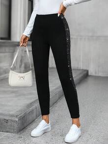 SHEIN PETITE CURVE 大码女式休闲通勤亮片印花高腰罗纹针织打底裤 - 黑色 - 查看 6