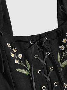 ROMWE Fairycore Spring/SummerflowerFloral Embroidery Pastoral Retro Style Women Tank Top - Black - View 3