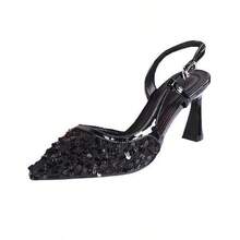 Zapatos de tacón bajos de punta afilada con escote abierto y lentejuelas, de estilo francés y con un toque de elegancia, para mujer - Negro - Ver 5
