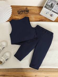 2pcs Baby Boy Formal Elegant Gentleman Suit, Solid Color Slim Fit Faux Pocket Single-Breasted Vest + Elastic Waist Casual Pants, No Shirt, No Bowknot, Fashion Outfit Suitable For Dinner, Reception, Performance, Party, Runway, Christening, Birthday, Wedding, Back To School, Spring/Summer/Autumn - Multicolor - View 3