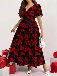 Firerie Elegant Vintage Rose Floral Pattern Loose Plus Size Dress, Suitable For Dates - Multicolor - View 3