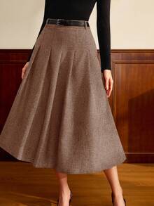 Vintamour 复古经典优雅女士系带半身裙，修身腰部，带口袋，灰色百褶A字裙 - 棕色 - 查看 3