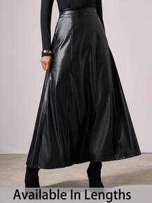 SHEIN Tall CURVE 大码休闲纯色A字裙，秋季 - 黑色 - 查看 3