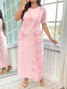 Reflora Plus Size Summer Elegant Contrast Mesh Applique Round Neck Dress, Summer Dresses - Coral Pink - View 6