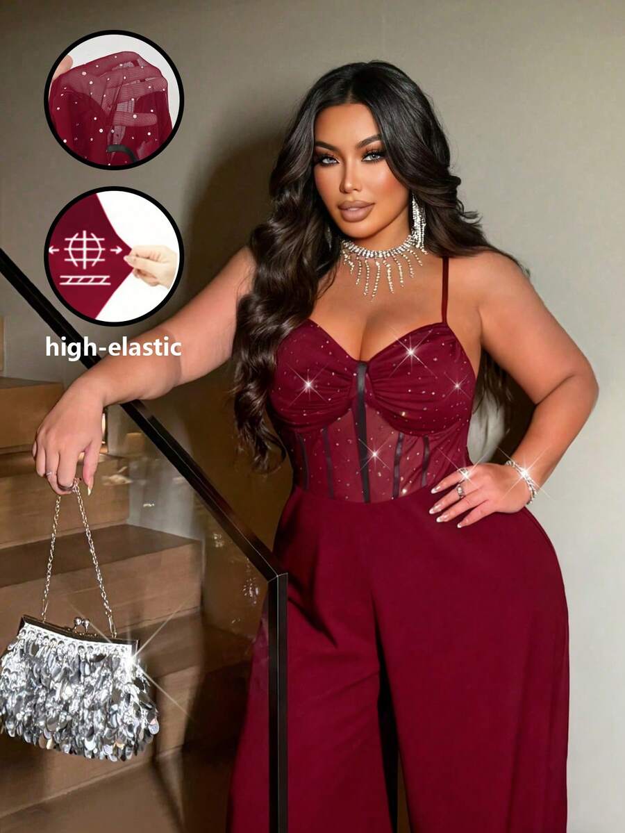 NU&NOW 大码女士性感派对吊带亮面弹力网纱阔腿连体裤，适合情人节穿着 - 酒紅色 - 查看 1