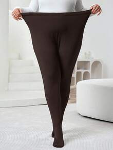 SHEIN CURVE+ 加大码黑色网眼保暖打底裤，秋冬季 - 棕色 - 查看 3