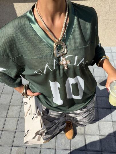 Muchica Women's Letter & Number Print Casual Street Style Short Sleeve T-Shirt, Everyday Wear Green Graphic Shirt Green Jersey