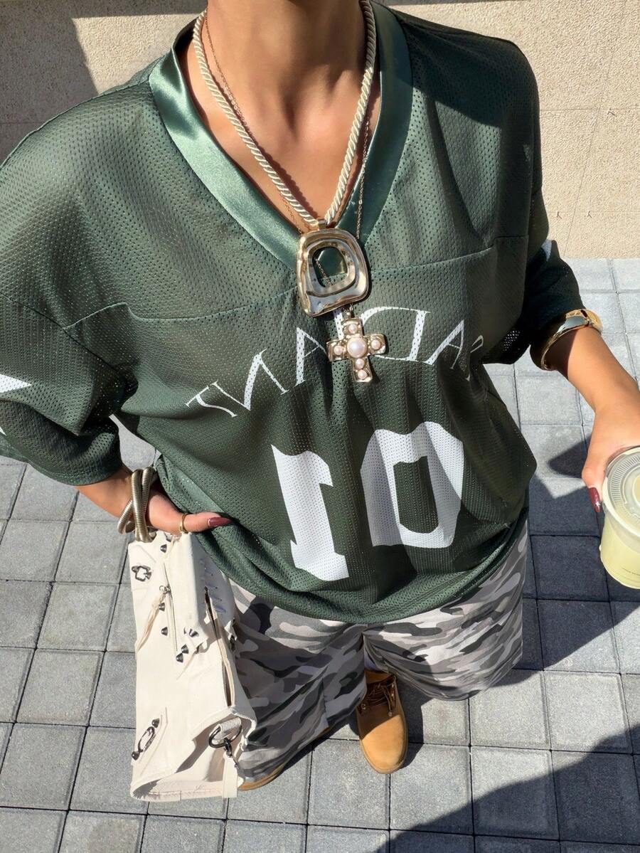 Muchica Women's Letter & Number Print Casual Street Style Short Sleeve T-Shirt, Everyday Wear Green Graphic Shirt Green Jersey - Army Green - View 1