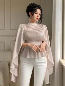 DAZY Spring/Summer Ruffled Collar Pleated Waist Elegant Casual Blouse With Patchwork Ruffle Hem, Long Sleeve, Suitable For Commuting, Weddings, Valentine's Day - Baby Pink - View 9