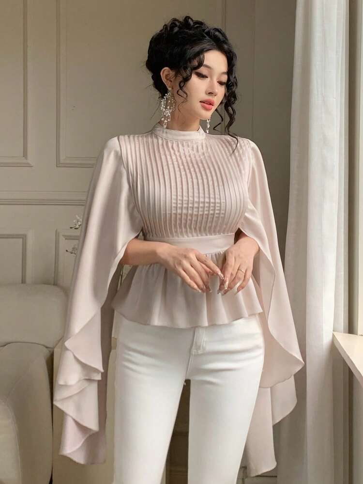 Spring/Summer Ruffled Collar Pleated Waist Elegant Casual Blouse With Patchwork Ruffle Hem, Long Sleeve, Suitable For Commuting, Weddings, Valentine's Day