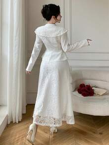 DAZY 优雅白色蕾丝缎带系腰披肩领上衣和半裙两件套，适合情人节、婚礼等场合。 - 米色 - 查看 5