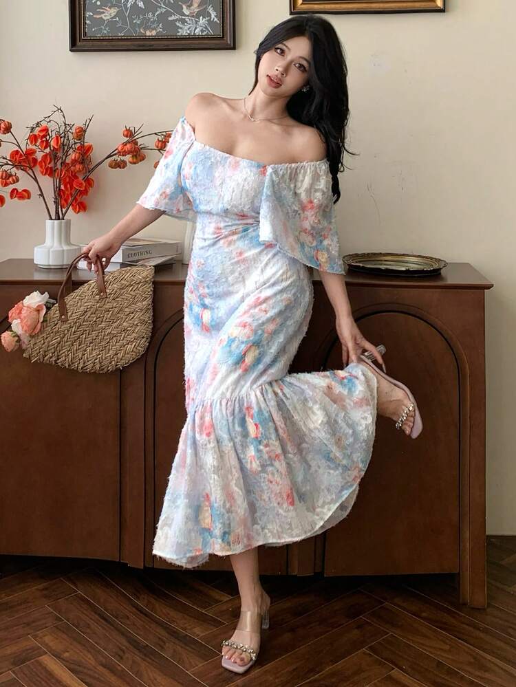 Spring & Summer Tie-Dye Tie Dye Ditsy Floral Casual Vacation Beach Bodycon Elegant Midi Dress, Suitable For Commute, Wedding, Valentine's Day Wedding Guest Dress Sundress Boho