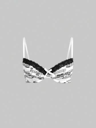 Goth Lolita Y2K Musiknoten Allover-Muster Kontrast Spitzenbesatz Bralette