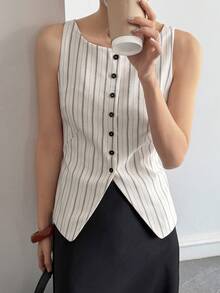 Livesso Áo vest không tay dáng rộng, phối màu kẻ sọc, phong cách công sở dành cho nữ, trang phục công sở thời trang cho mùa xuân và hè. - trắng - Xem 7