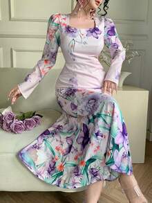 DAZY Đầm midi dáng đuôi cá tay phồng cổ vuông in hoa thanh lịch dành cho nữ, thích hợp làm đầm dự tiệc cưới mùa xuân/hè hoặc đầm mùa hè lễ Phục sinh. - Màu tím - Xem 3