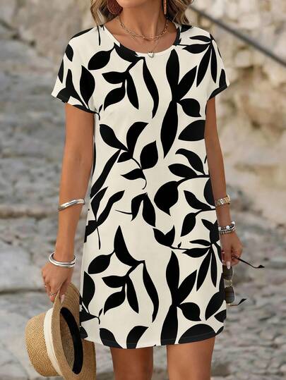 EMERY ROSE Casual Minimalist Khaki Leaf Print Short Dress For Women, Suitable For Spring/Summer