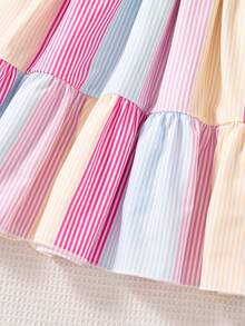 Sparklyn 1件少女彩色条纹印花露背蝴蝶结荷叶边A字连衣裙，甜美度假风，适合日常、度假、朋友聚会、春夏穿着。 - 彩色 - 查看 5