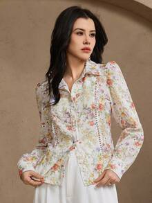 DAZY Damen elegante Bluse mit Blumenmuster und Puffärmeln, Frühling - Aprikosenfarben - Übersicht 4