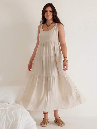 Freevana Plus Size Women Casual Sleeveless Shift Dress Cool Linen Blend Dress, Simple, Vacation, Versatile, Casual, Beach Holiday, Country Style, Bohemian, Lightweight And Sheer Texture