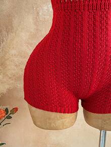 Soleia Romper Wanita Merah Chic untuk Liburan Musim Panas, Rajutan Gradien, Leher V Dalam, Tanpa Punggung, Pakaian Terusan Rajutan Pas Badan yang Modis untuk Pesta & Pantai - Burgundy - View 3