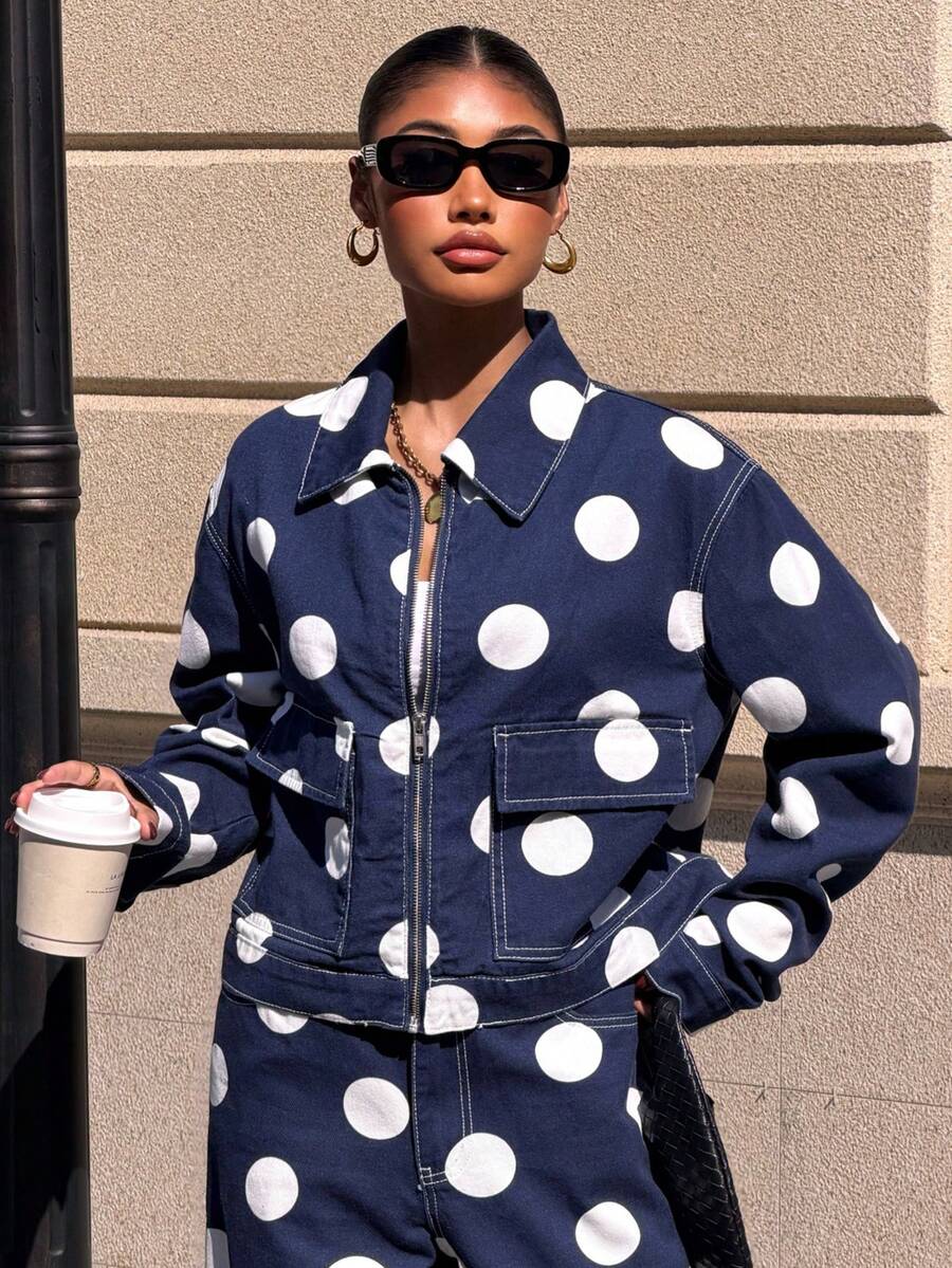 Muchica Women's Polka Dot Print Zip-Up Long Sleeve Denim Jacket And Coat For Going Out Outfits, Streetwear, Spring Outfits